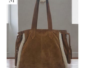 Leather Suede tote l Suede bag l Faux Fur Trims l Leather Bag l Leather Tote l Fur Bag l Women's Bag l Ladies Handbag l Gift for her