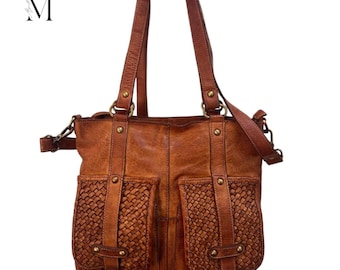Leather shoulder bag with woven front l Stylish Carry l Daily use l Shopping bag l office bag l Daily Use l Washed leather bag