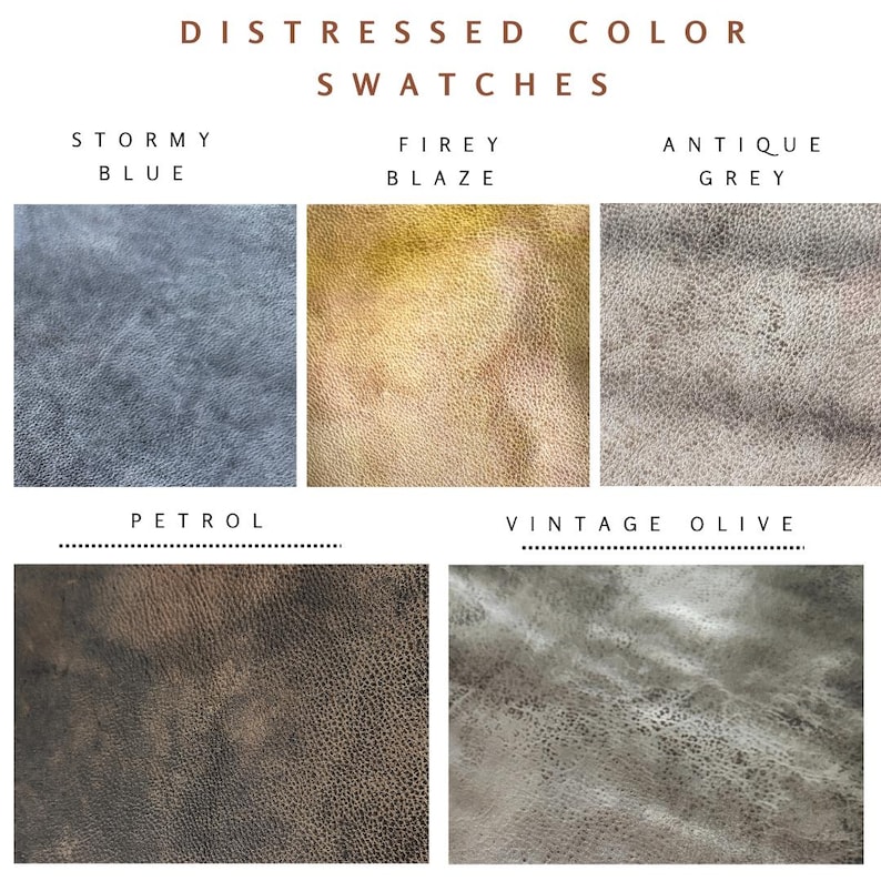 K&ouml;nnte beinhalten: Bild von Farbmustern in Distressed-Optik in den Farben Stormy Blue, Firey Blaze, Antique Grey, Petrol und Vintage Olive. Der Text "DISTRESSED COLOR SWATCHES" steht oben. Jedes Muster hat eine einzigartige Textur und Farbe.