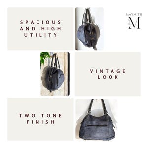 K&ouml;nnte beinhalten: Eine Sammlung grauer Handtaschen im Vintage-Look. Die Taschen haben ein zweifarbiges Finish und sind ger&auml;umig mit hohem Nutzen. Das Bild enth&auml;lt den Text "Spacious and High Utility", "Vintage Look" und "Two Tone Finish". Das Markenlogo "Maymith" ist ebenfalls sichtbar.