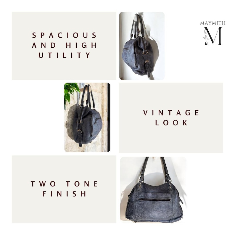 K&ouml;nnte beinhalten: Eine Sammlung grauer Handtaschen im Vintage-Look. Die Taschen haben ein zweifarbiges Finish und sind ger&auml;umig mit hohem Nutzen. Das Bild enth&auml;lt den Text "Spacious and High Utility", "Vintage Look" und "Two Tone Finish". Das Markenlogo "Maymith" ist ebenfalls sichtbar.
