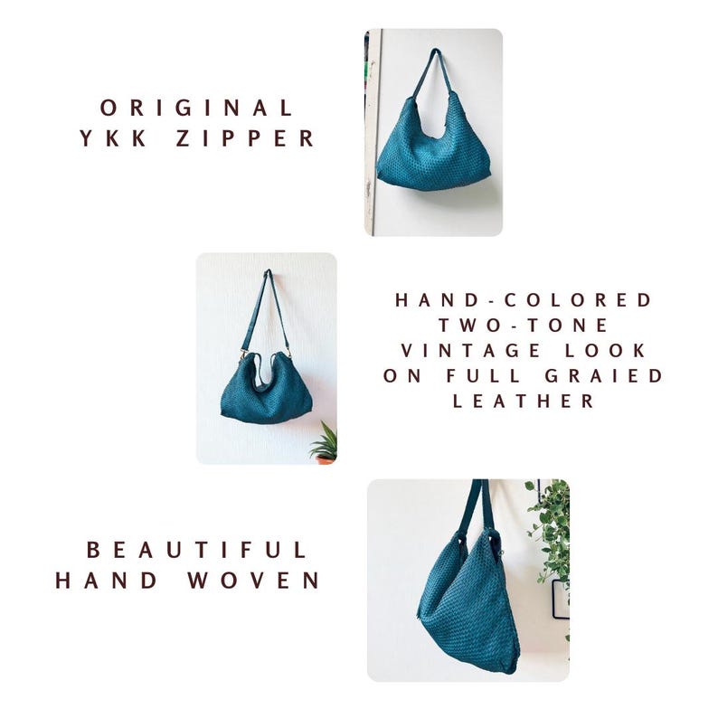 K&ouml;nnte beinhalten: T&uuml;rkisfarbene, handgewebte Lederhandtasche im Vintage-Look. Die Tasche hat einen original YKK-Rei&szlig;verschluss und ein handgef&auml;rbtes, zweifarbiges Design. Der Text "BEAUTIFUL HAND WOVEN" ist ebenfalls enthalten.