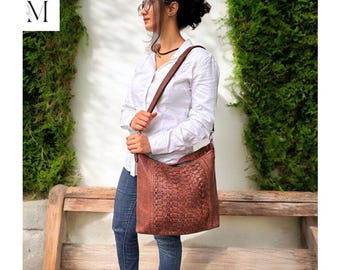 Handmade Hobo Bag with woven front for Office l Stylish Carry l Daily use l Color- Tan (32 ht x 31 lgth x 8cm wd )