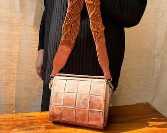 Leather Cross shoulder Bag with woven Body for Office l Stylish Carry l Daily use Color-orange ombre (16cm Ht x 21cm lgth x 7cm Wd)