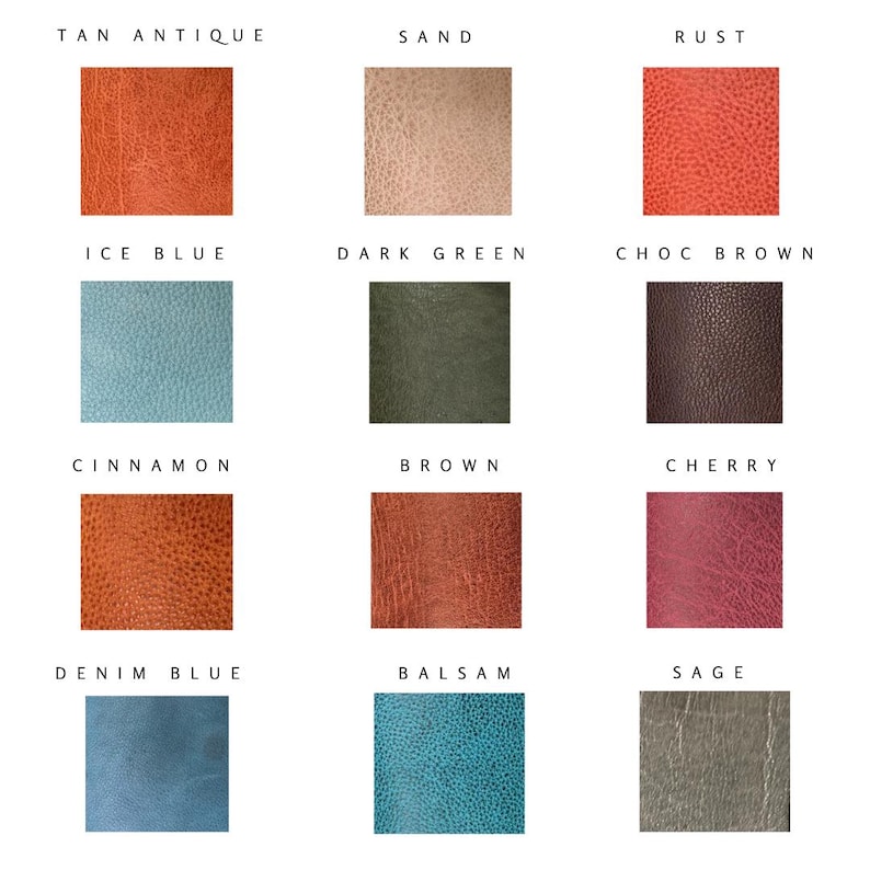 K&ouml;nnte beinhalten: Eine Farbkarte mit zw&ouml;lf Mustern aus strukturiertem Leder in verschiedenen Farben. Die Farben sind Tan Antique, Sand, Rust, Ice Blue, Dark Green, Choc Brown, Cinnamon, Brown, Cherry, Denim Blue, Balsam und Sage.
