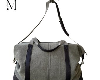 Leather trims /Handmade Duffel Bag For Gym l Overnight Bag l Daily Use l Travel Bag l Bag Color- Khakhi/Burgandy (36 ht x 51 lgth x 19 wd)