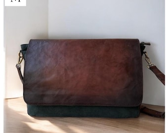 Leather bag l Handcrafted leather bag l Laptop Bag l unisex l Laptop compartment l Stone washed canvas l vintage look