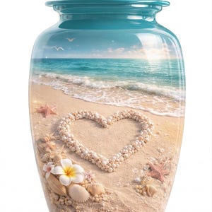 Könnte beinhalten: Türkis farbene Urne mit glänzendem Finish, die eine Strandszene darstellt. Die Szene im Inneren zeigt einen Sandstrand, Meereswellen, ein Herz aus Muscheln, Seesternen und Blumen. Die Urne ist für Gedenkzwecke bestimmt.