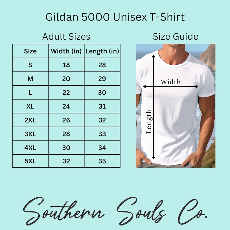 May include: Size chart for a Gildan 5000 Unisex T-Shirt. The chart shows the width and length in inches for sizes S through 5XL.