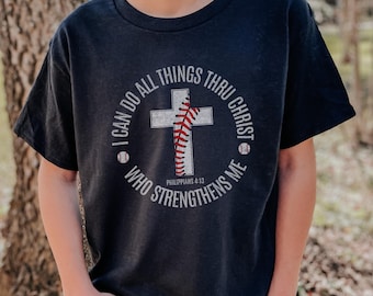Christian Youth Baseball T-Shirt, Philippians 4:13, Faith Based Tee