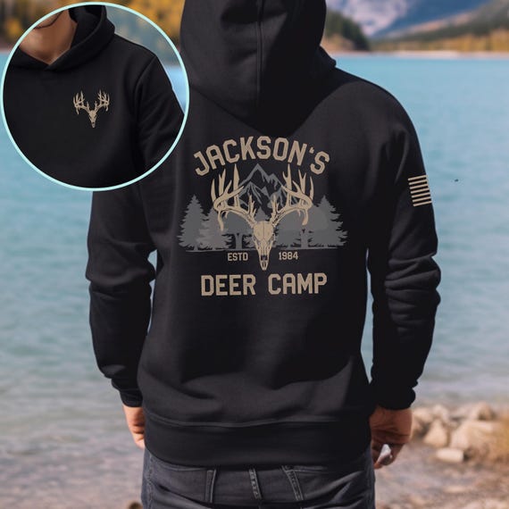 Personalized Deer Camp Hoodie: Custom Hunt Club T-Shirt, Flag Sleeve