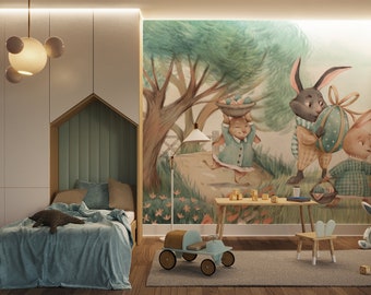 Grillige dierenbehang, Bunny muurstickers, bosbehang voor kinderen en kinderkamer, dierenaccentmuur, verwijderbaar, schil en plak