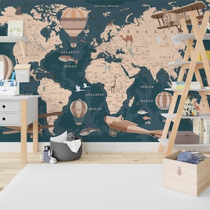 Papier peint adhésif carte du monde pour enfants Papier peint pour petits animaux Papier peint pour chambre d'enfant et chambre d'enfant Bolunlu à air chaud