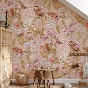 EULEN / , Kaninchen, Eule, Vögel, Vintage Tapete, Rosa Blumen Moderne Tapete, Wanddekor, Kaninchen, Eule, Eichhörnchen, Tier Vogel