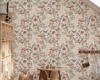 Vintage Tapete Kaninchen Boho Wohndekor, Vintage Tapete, Kinder Tapete Schälen und Aufkleben, Abnehmbare Tapete Kinder, Kinderzimmer Tapete