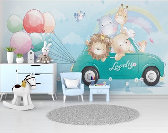 Cheerful Animals blue car Colorful Hot Air Balloon Nursery Wallpaper, White and Blue Clouds Baby Room Kids Room Wall Mural