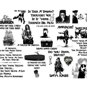 May include: A collage of black and white illustrations and text elements. Includes a pirate ship, a treasure chest, and various quotes and phrases related to pirates and the sea. The overall theme is adventure and the supernatural.