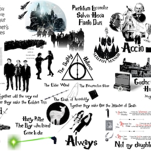 Puede incluir: Un collage de imágenes y texto en blanco y negro de la serie Harry Potter. Incluye el símbolo de las Reliquias de la Muerte, Hogwarts y siluetas de personajes. El texto incluye hechizos y citas.