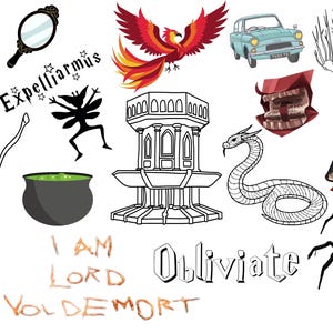 May include: A collection of illustrated elements, including a phoenix, a car, a snake, a spider, a cauldron, and a book. Text includes "Expelliarmus", "Obliviate", and "I am Lord Voldemort".