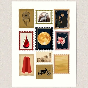 May include: A collection of nine postage stamps with various designs. The stamps feature a dreamcatcher, a wolf, a couple, a drop of blood, a full moon, a flower, a red cape, a building, a motorcycle, and a landscape.