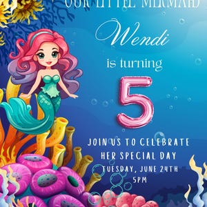 Mermaid Birthday Invitation - Editable Canva Template - Digital Download