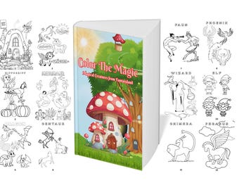 Op de afbeelding: Een kleurboek getiteld "Color The Magic" met illustraties van magische wezens. De omslag toont een paddenstoelenhuis. Binnenin staan lijntekeningen van eenhoorns, draken en andere fantasiefiguren om in te kleuren.