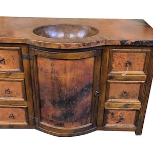 Antique Vintage Handmade Bathroom Vanity with Hand Hammered Solid Copper Rusty Top With fixed single Round sinks I rusty top vanity l