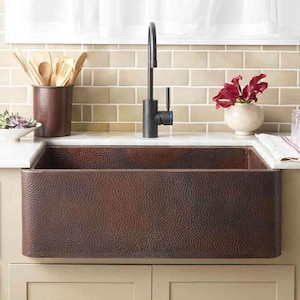 Antique Solid Copper hand Hammered Single Apron Farmhouse Kitchen Sinks Antique Finish l Vintage antique design handicrafts metal sinks I