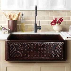 Antique Solid Copper Hammered Single Apron Farmhouse Kitchen Sinks Antique Finish l Vintage antique design handmade front Pattern sinks I