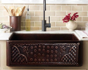 Antique Solid Copper Hammered Single Apron Farmhouse Kitchen Sinks Antique Finish l Vintage antique design handmade front Pattern sinks I