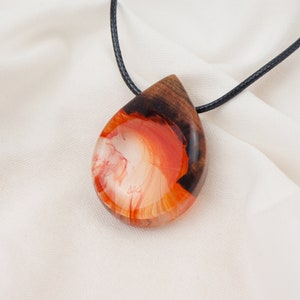 Red Resin Wood Necklace Raindrop Teardrop Shaped Pendant Necklace Handmade Jewelry Epoxy Gift image 2