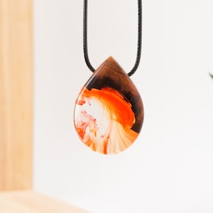 Red Resin Wood Necklace Raindrop Teardrop Shaped Pendant Necklace Handmade Jewelry Epoxy Gift image 1