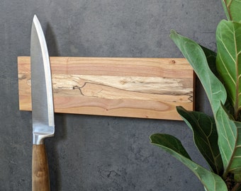 Plum and Spalted Beech Wood Magnetic Knife Holder - Kitchen Knife Board - Wall Knife Rack - Magnetic Knife Strip - Holds up to 5 knives