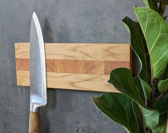 Oak and Larch Wood Magnetic Knife Holder - Wall Kitchen Knife Board - Wall Knife Rack Magnet - Magnetic Knife Strip - Holds up to 4 knives