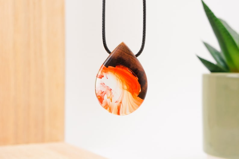 Red Resin Wood Necklace Raindrop Teardrop Shaped Pendant Necklace Handmade Jewelry Epoxy Gift image 1