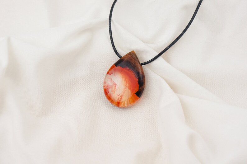 Red Resin Wood Necklace Raindrop Teardrop Shaped Pendant Necklace Handmade Jewelry Epoxy Gift image 4