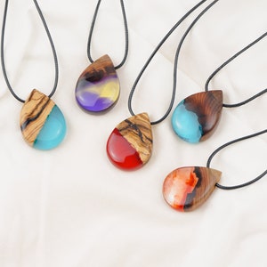 Red Resin Wood Necklace Raindrop Teardrop Shaped Pendant Necklace Handmade Jewelry Epoxy Gift image 3