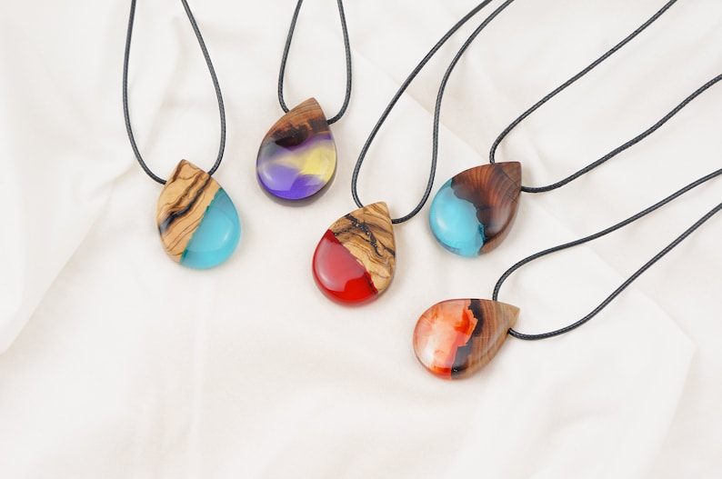 Red Resin Wood Necklace Raindrop Teardrop Shaped Pendant Necklace Handmade Jewelry Epoxy Gift image 3