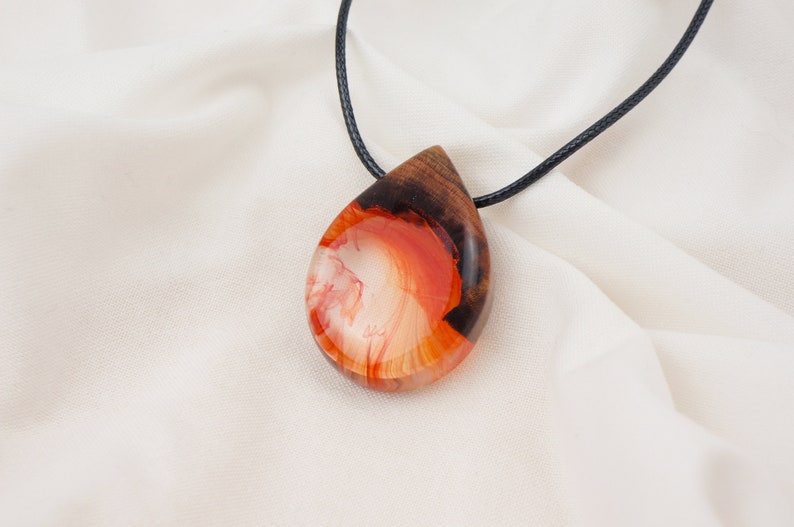 Red Resin Wood Necklace Raindrop Teardrop Shaped Pendant Necklace Handmade Jewelry Epoxy Gift image 2