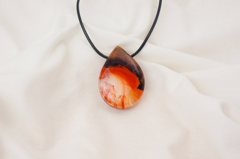 Red Resin Wood Necklace Raindrop Teardrop Shaped Pendant Necklace Handmade Jewelry Epoxy Gift image 6