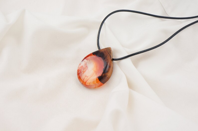 Red Resin Wood Necklace Raindrop Teardrop Shaped Pendant Necklace Handmade Jewelry Epoxy Gift image 8