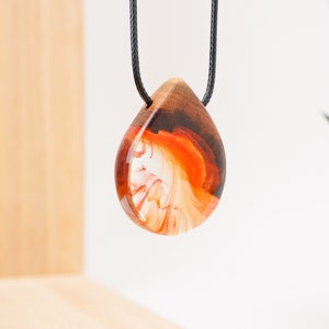 Red Resin Wood Necklace Raindrop Teardrop Shaped Pendant Necklace Handmade Jewelry Epoxy Gift image 5