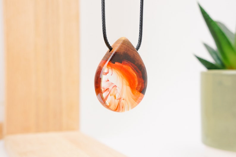 Red Resin Wood Necklace Raindrop Teardrop Shaped Pendant Necklace Handmade Jewelry Epoxy Gift image 5