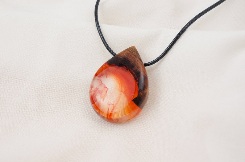 Red Resin Wood Necklace Raindrop Teardrop Shaped Pendant Necklace Handmade Jewelry Epoxy Gift image 9