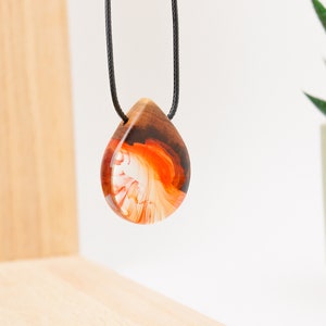 Red Resin Wood Necklace Raindrop Teardrop Shaped Pendant Necklace Handmade Jewelry Epoxy Gift image 7