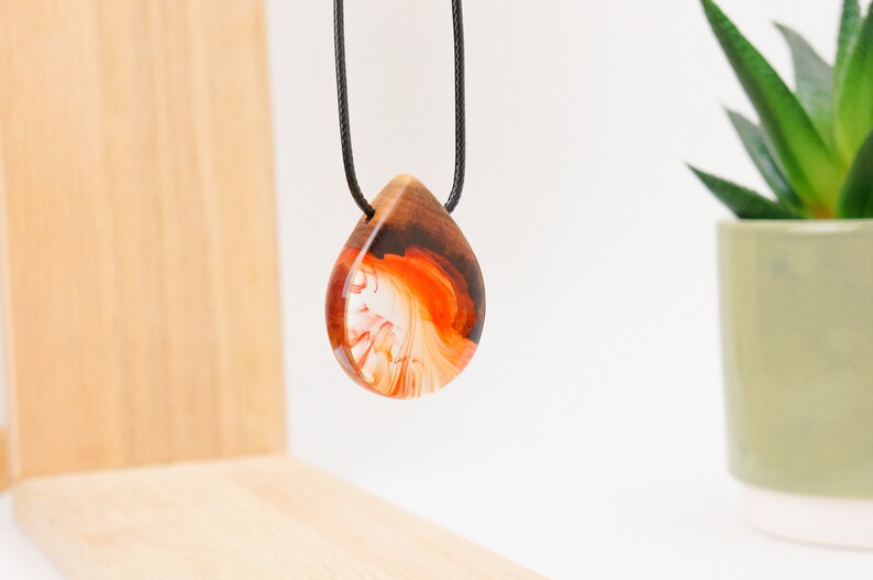 Red Resin Wood Necklace Raindrop Teardrop Shaped Pendant Necklace Handmade Jewelry Epoxy Gift image 7