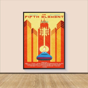 Könnte beinhalten: Ein Retro-Filmplakat für den Film "Das fünfte Element" mit Bruce Willis und Milla Jovovich. Das Plakat hat ein rotes, oranges und gelbes Farbschema mit einer futuristischen Stadtlandschaft im Hintergrund. Der Titel des Films steht in großen, fetten Buchstaben oben auf dem Plakat.