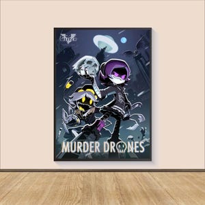 May include: A framed poster with the text "MURDER DRONES" and two anime-style characters. The characters are set against a dark, futuristic cityscape with a flying saucer and a skull. The poster has a black frame.