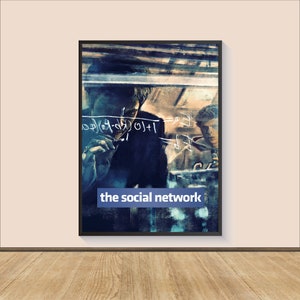 May include: A black and white poster featuring a photograph of two men standing in front of a whiteboard covered in mathematical equations. The poster has the text "the social network" at the bottom.