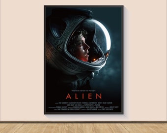 May include: A movie poster for the film "Alien" featuring a close-up of a woman's face inside a space helmet. The poster is black with white text and a dark blue background.